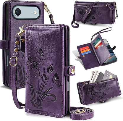 Lacass for iPhone 17 Air Case Wallet,[Cards Theft Scan Protection] Card Holder Zipper Leather Flip Cover Crossbody Wrist Strap with Stand (Floral Dark Purple)