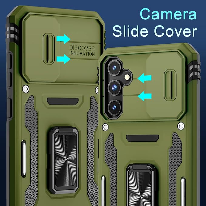 DEERLAMN Case for Samsung Galaxy S23 FE 6.4-Inch with Slide Camera Cover+Screen Protector(1 Pack),Rotated Ring Kickstand Military Grade Shockproof Protective Cover-Olive Green