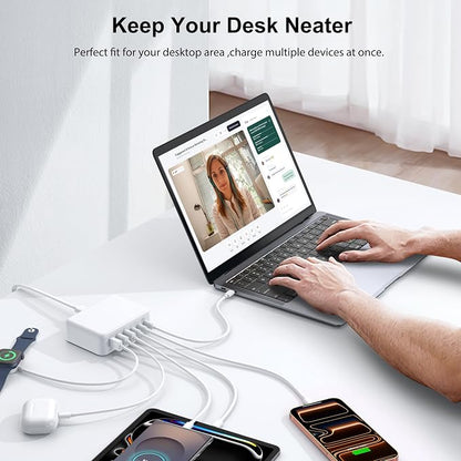 [2026 Updated] USB C Fast Charger, 150W GaN 6 Port Type C Charging Station Hub Block Cube, USB C Wall Charger Power Strip Adapter Plug for iPad iPhone 17 16 15 14 Pro Max Pixel Note Galaxy, 5ft Cord