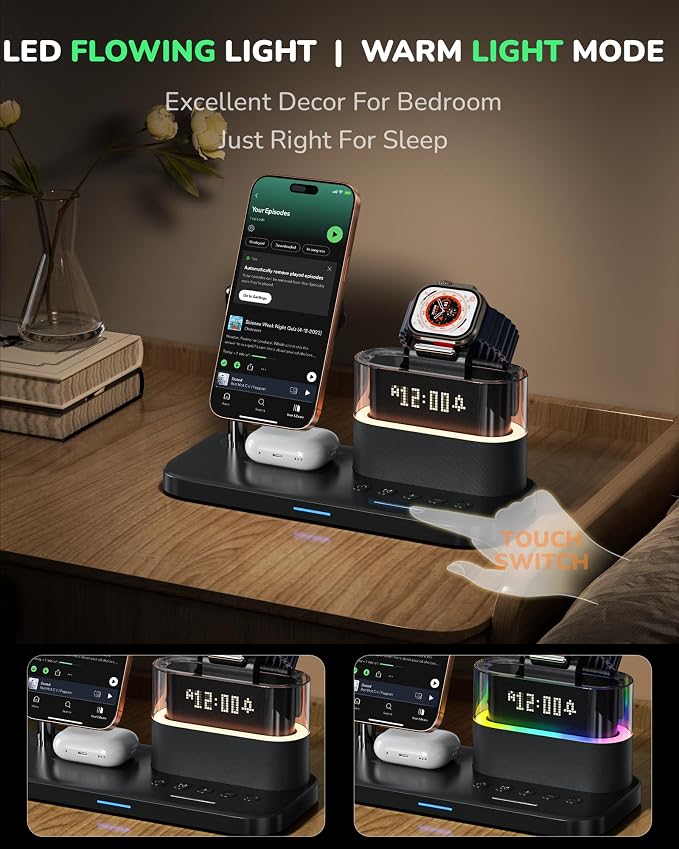 Compatible with Qi2 Certified Wireless Charging Station with Alarm Clock and Night Light,15W Fast 5 in 1 Mag-Safe Charger Stand for iPhone 16 15 14 13 12 Pro Max,Apple Watch,Air-Pods(Black)