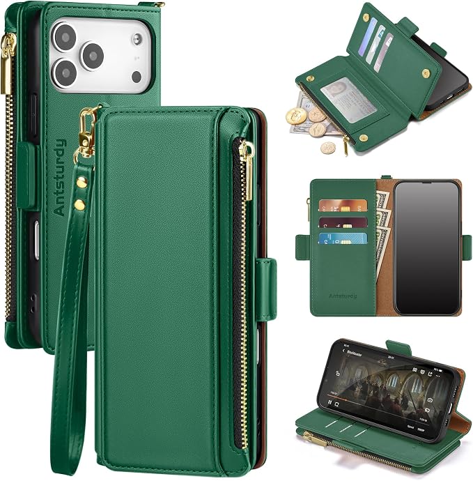 Antsturdy Compatible with iPhone 17 Pro Wallet Case Women,RFID Blocking PU Leather Phone Case Men Kickstand Flip Cover Wrist Strap Zipper Credit Card Holder Slots for Apple 17 Pro 6.3",Green