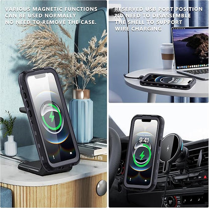 GOLDJU for iPhone 16e Case Waterproof, with IP68 Underwater & Magnetic, Built-in Screen Protector, Full-Body Protective Phone Case for iPhone 16e 2025, Black/Clear