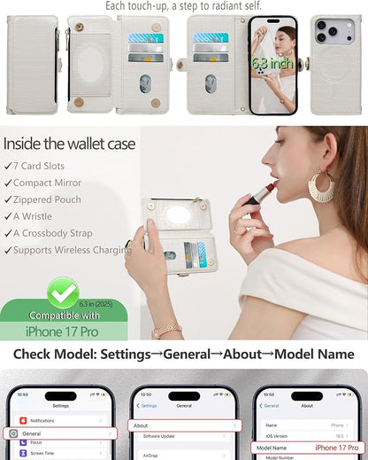 Crossbody Wallet Case for iPhone 17 Pro with Mirror, Wrist Strap, Zipper Purse Magnetic Flip, RFID Blocking Card Holder, Wireless Charging, PU Leather Shockproof 6.3" Women (White)