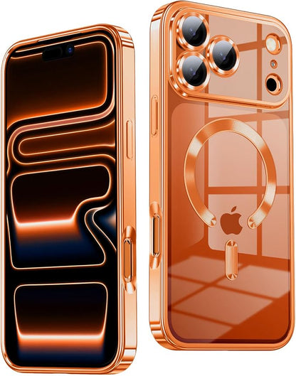 Slim Thin for iPhone 17 Pro Max Case Clear, Compatible with MagSafe, Built-in Camera Lens Protector, Shockproof Protective Phone Case, Soft Electroplated Magnetic Cover, Cosmic Orange