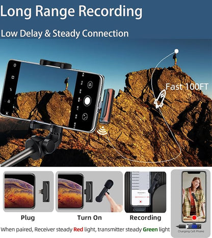 Wireless Lavalier Microphone for iPhone 15 Android iPad - Cordless USB-C Mic for Video Recording Vlog, Crystal Clear Sound, Noise Reduction