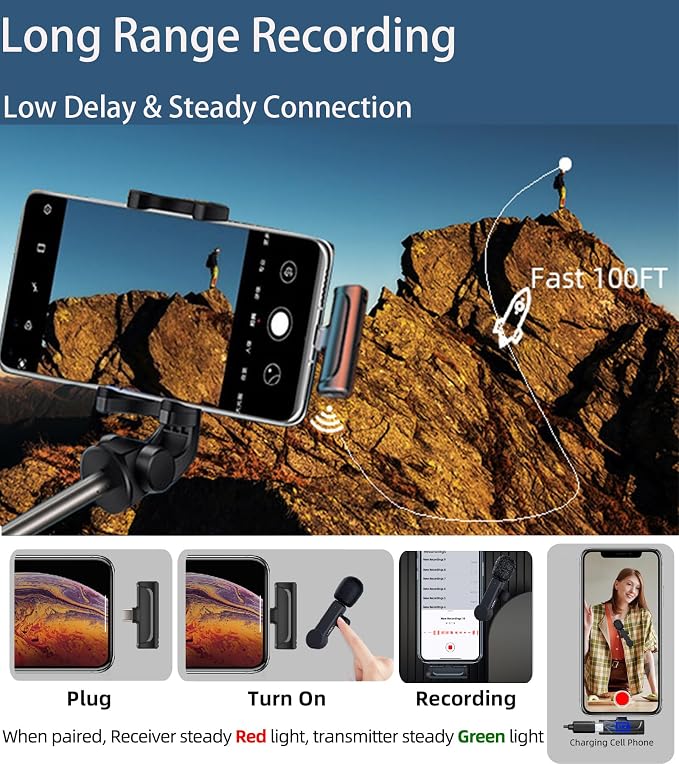Wireless Microphone for iPhone and Android Phones - 2 Pack Cordless Lavalier Lapel Microphone Noise Canceling Lav Mic for Video Recording Vlog TikTok Instagram
