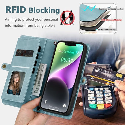 Wallet Case for iPhone 14 with Card Holder/Crossbody Wallet/Strap| RFID Blocking | Magnetic | Kickstand | Detachable | PU Leather Phone Case for iPhone 14,6.1 in,Blue