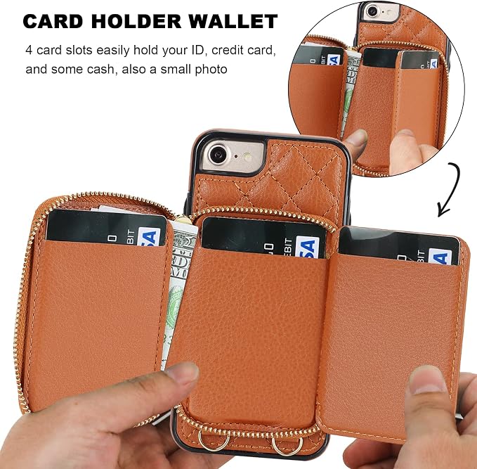 Bocasal Crossbody Wallet Case for iPhone SE 2022/SE 2020/8/7, RFID Blocking PU Leather Zipper Handbag Purse Flip Cover, Kickstand Folio Case with Card Slots Holder Wrist Strap Lanyard 4.7 Inch (Brown)