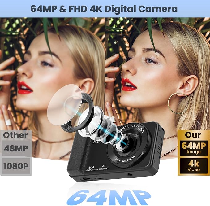 64MP 4K Digital Camera, Hoestr 18X Zoom Autofocus Point and Shoot Compact Camera with 64GB TF Card, Flash, 2.8" LCD Screen for Teens Adult Beginner Travel Photography Vlogging（Black）