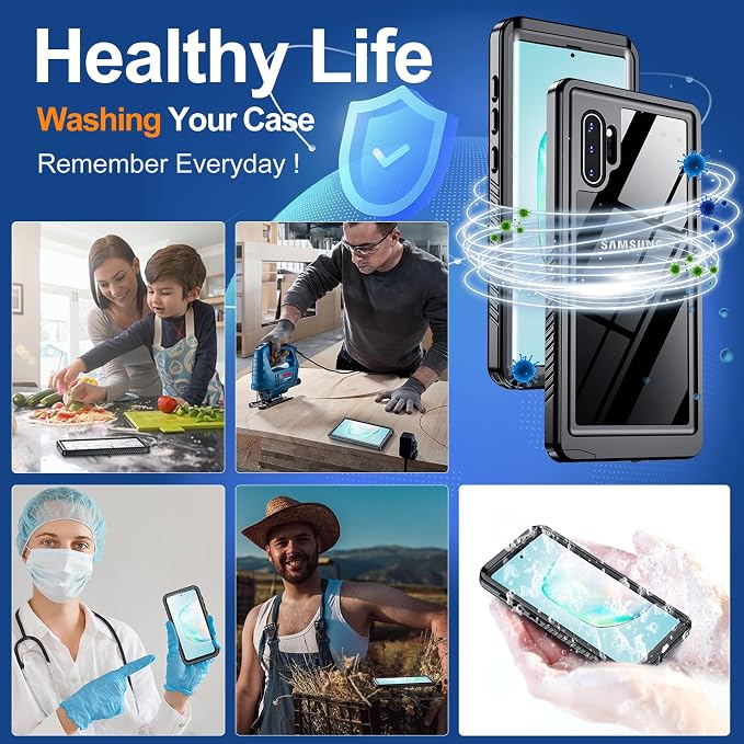 Hualele for Samsung Galaxy Note 10 Plus Case Waterproof, Built in Lens & Screen Protector Rugged Full Body Protective Military Grade IP68 Underwater Cover Case for Galaxy Note 10+ Plus Black