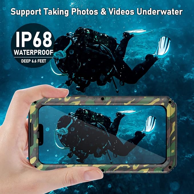 Beasyjoy for iPhone 13 Case Waterproof, Metal Phone Case with Built-in Screen Protector, Heavy Duty Full Body Protective Military Grade Shockproof Rugged Defender Cover 6.1 Inch, Camo