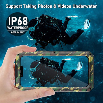 Beasyjoy for iPhone 13 Case Waterproof, Metal Phone Case with Built-in Screen Protector, Heavy Duty Full Body Protective Military Grade Shockproof Rugged Defender Cover 6.1 Inch, Camo