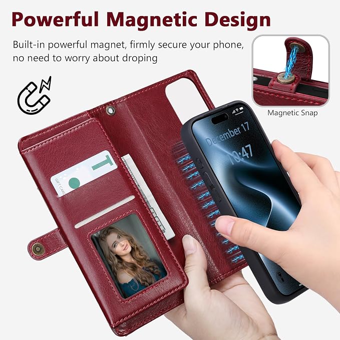Wallet Case for iPhone 15 Pro Max with Card Holder/Crossbody Wallet/Strap| RFID Blocking | Magnetic | Kickstand | Detachable | PU Leather Phone Case for iPhone 15 Pro Max,6.7 in,Wine Red