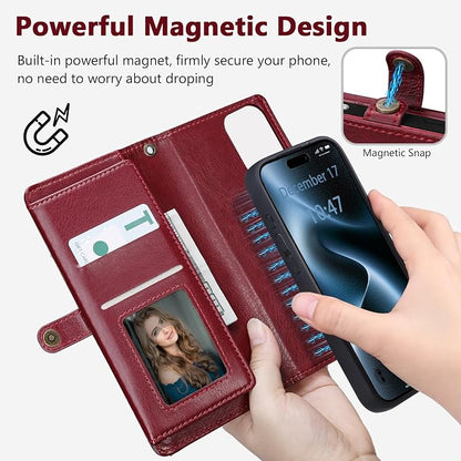 Wallet Case for iPhone 15 Pro Max with Card Holder/Crossbody Wallet/Strap| RFID Blocking | Magnetic | Kickstand | Detachable | PU Leather Phone Case for iPhone 15 Pro Max,6.7 in,Wine Red