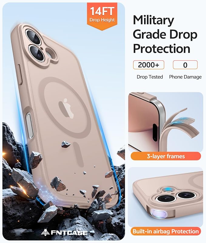 FNTCASE for iPhone 17 Case: [Compatible with Magsafe] Translucent Matte Cases with [Full Camera Protection] [Screen Protector] Military Grade Shockproof Protective Phone Cover - Desert Gold