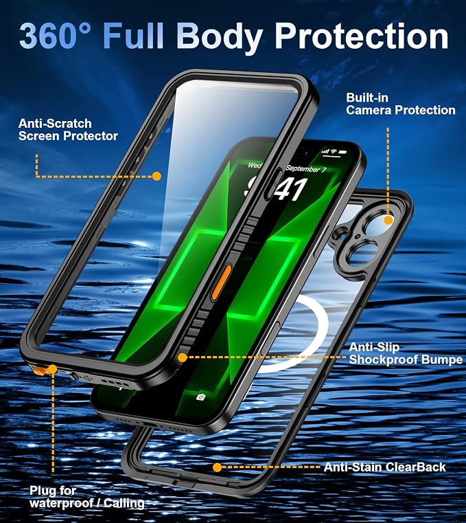 Oterkin Waterproof Case for iPhone 16 Case Compatible with MagSafe, 360° Full Body Rugged 16 Phone Case with Built-in HD Screen & Lens Protector [12FT Military Grade] Shockproof Case (Black)