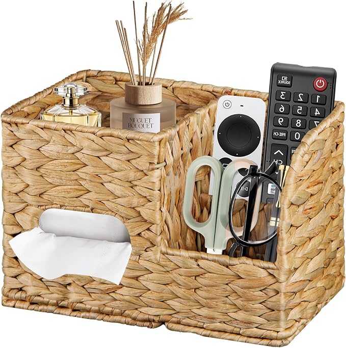 BIBELUN Tissue Box Cover Square with Storage Tray, Multifunction Water Hyacinth Tissue Cube Box Holder, Farmhouse Wicker Remote Control Nightstand Organizer Caddy for Bathroom, Home, Office Decor