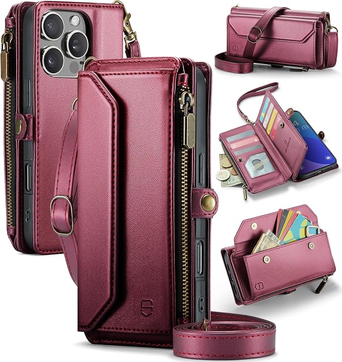 Strapurs Wallet Case Compatible with iPhone 16 Pro Max 6.9" RFID Blocking 10-Card Holder Soft PU Leather Magnetic Snap Shoulder Strap Zipper Pocket Phone Case Fit for iPhone 16 Pro Max - Wine Red