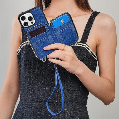 ZVE for iPhone 14 Pro Wallet Case, Zipper Phone Leather Cover with RFID Blocking Wrist Strap for Women Compatible with iPhone 14 Pro, 6.1"- Navy Blue