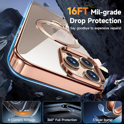 [Tri-Shield Protection] for iPhone 16 Pro Case with 360° Spin Stand Compatible with MagSafe [Magnetic CD Ring] [Screen & Camera Lens Protector] Shockproof Plating Never-Yellowing, Desert Gold-6.3"