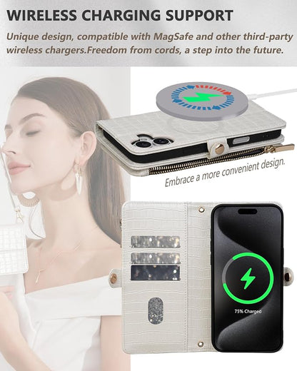 Crossbody Wallet Case for iPhone 16 Plus with Mirror, Wrist Strap, Zipper Purse Magnetic Flip RFID Blocking Card Holder, Wireless Charging, PU Leather Shockproof 6.7" Women (White)