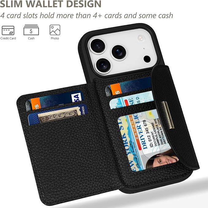 Keallce Wallet Case for iPhone 17 Pro 6.3'', Flip Case with RFID Blocking Card Holder Slots Kickstand, PU Leather Protective Folio Cover for Women, Black