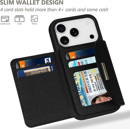 Keallce Wallet Case for iPhone 17 Pro 6.3'', Flip Case with RFID Blocking Card Holder Slots Kickstand, PU Leather Protective Folio Cover for Women, Black