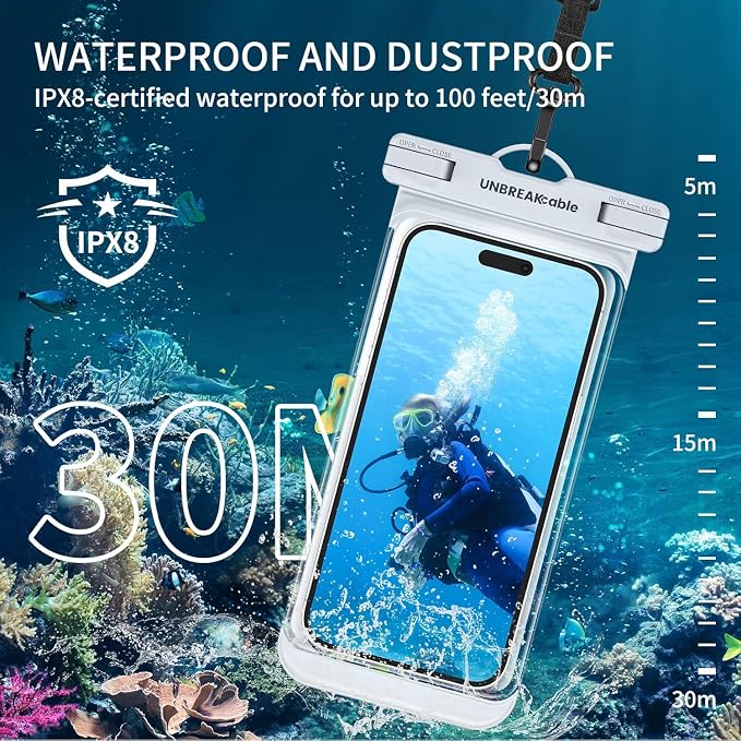 UNBREAKcable Waterproof Phone Pouch-2 Pack IPX8 Waterproof Phone Case for iPhone 16 15 14 13 12 11 Pro Max & Samsung S25 S24-Dry Bag & Travel Essentials for Beach, Pool, Kayak & Cruise-7" Pink+White