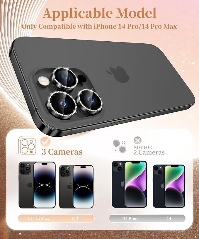 GolbinBox Camera Lens Protector for iPhone 14 Pro/14 Pro Max, 1:1 Invisible Fit, 9H Tempered Glass Ultra HD Metal Individual Camera Cover for Women, Case Friendly, Bling/Black