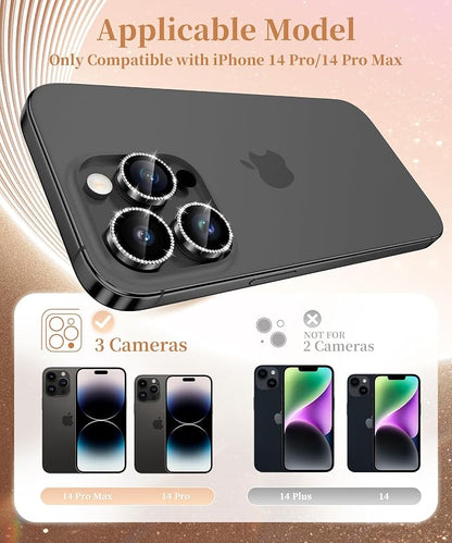 GolbinBox Camera Lens Protector for iPhone 14 Pro/14 Pro Max, 1:1 Invisible Fit, 9H Tempered Glass Ultra HD Metal Individual Camera Cover for Women, Case Friendly, Bling/Black