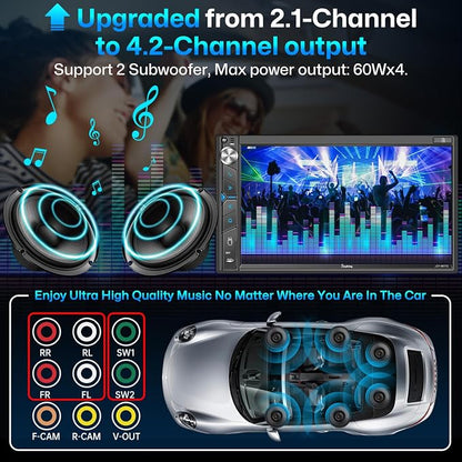 Double Din Car Stereo with Dash Cam - Voice Control Carplay, Android Auto, Steering Wheel Controls, 7" HD Touchscreen, Backup Camera, Bluetooth, Mirror Link, Subw, USB/TF/AUX, AM/FM Radio Receiver