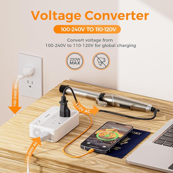 TESSAN 220V to 110V Voltage Converter | Universal Travel Power Adapter with Type C/G/D/I/L Plugs, 2 AC Outlets, 4 USB Ports (1 USB-C), 230W Max Step Down Transformer