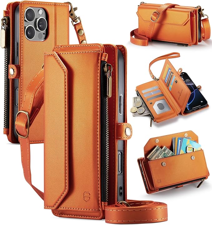 Strapurs Wallet Case Compatible with iPhone 16 Pro Max 6.9" RFID Blocking 10-Card Holder Soft PU Leather Magnetic Snap Shoulder Strap Zipper Pocket Phone Case Fit for iPhone 16 Pro Max - Orange