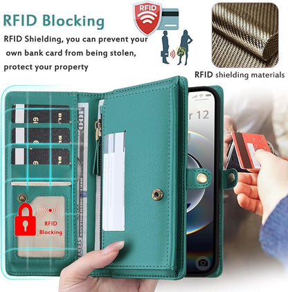 for Wallet Case Compatible with iPhone 16e / 17e,Multi-Function Detachable 2 in 1 Magnetic iPhone 16e/17e Wallet,Flip Strap Zipper Card Holder Phone Case with Shoulder Straps (Green)