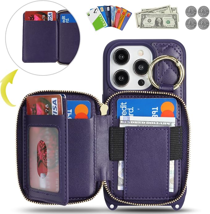 Crossbody Wallet Case for iPhone 14 Pro, PU Leather Zipper Handbag Purse Flip Cover, Kickstand Folio Case with Card Slots Holder Wrist Strap Lanyard 5G 6.1 Inch-Purple
