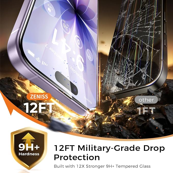 NeverBreak 9H+ Hardness for iPhone 17 Screen Protector 12FT Military Grade Protection (Scratch, Shatter, Drop Resistance) Tempered Glass Full Edge Coverage 6.3" 2025, 2 Pack with De-Bubble Card