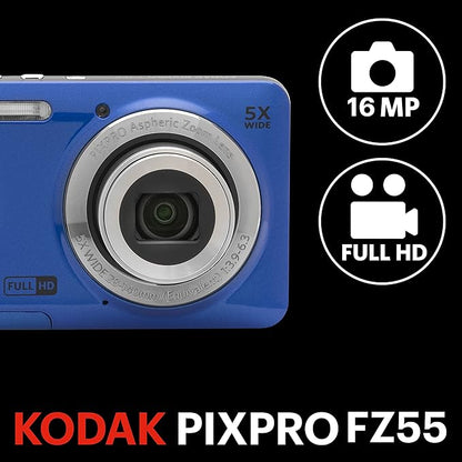 Kodak PIXPRO FZ55 Digital Camera, Compact Point & Shoot with 16MP Sensor, 5X Optical Zoom, 28mm Wide Angle, 1080p Video, Blue