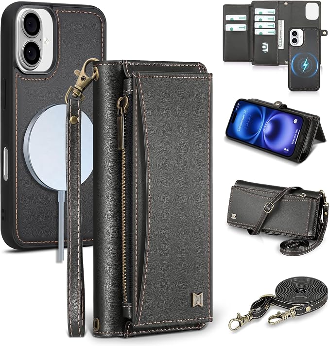 Wallet Case for iPhone 16 with Card Holder/Crossbody Wallet/Strap| RFID Blocking | Magnetic | Kickstand | Detachable | PU Leather Phone Case for iPhone 16,6.1 in,Black