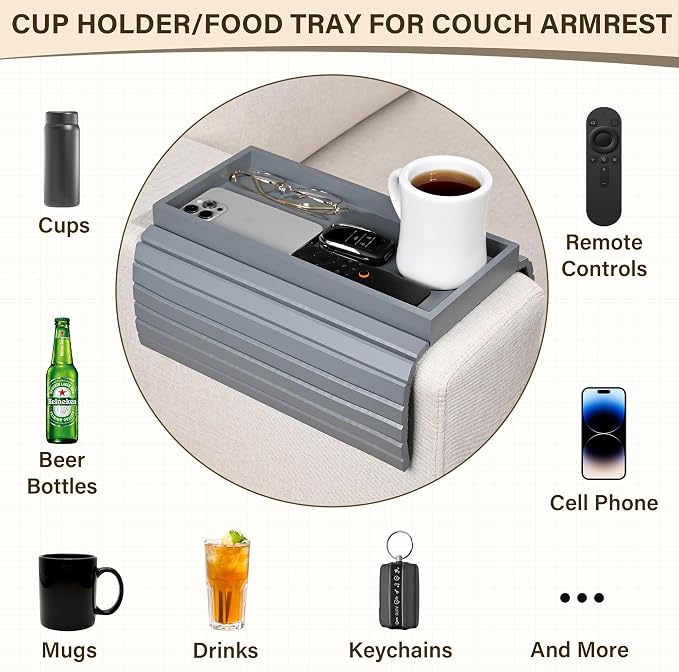 Bamboo Sofa Arm Tray, Anti-Dropping Couch Arm Tray, Foldable Sofa Armrest Tray Couch Arm Table for Eats, Drinks, Snacks, Remote, Cellphone, Cup Holder, Back Anti-Slip Pad Design
