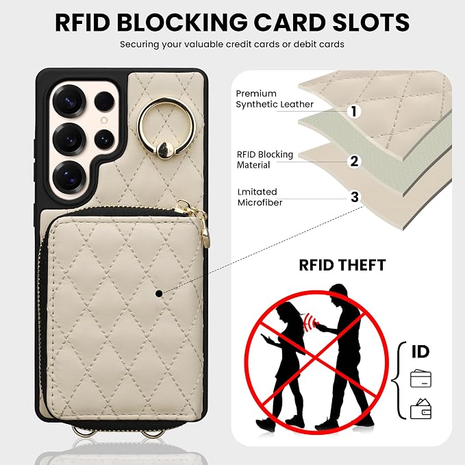 Keallce Case for Samsung Galaxy S25 Ultra 6.9'' Wallet Case,Crossbody Zipper Galaxy S25 Ultra Purse Wrist Strap Lanyard Handbag,RFID Blocking Card Slots,Flip Leather Cover for Samsung S25 Ultra,Beige