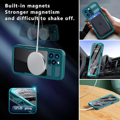 Omio for iPhone 16 Pro Max Waterproof Case Compatible with MagSafe, Magnetic Waterproof Full Body IP68 Underwater Case Built-in Screen Protector Military Grade Shockproof Case for Men Women Teal