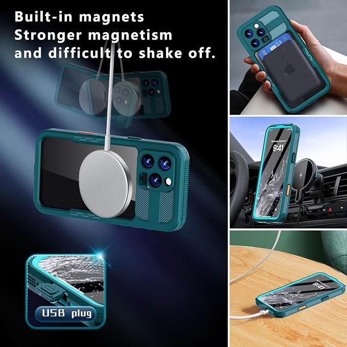 Omio Designed for iPhone 16 Pro Waterproof Case Compatible with MagSafe Magnetic Waterproof Full Body IP68 Underwater Case Built-in Screen Protector Military Grade Shockproof Case for Men Women Teal
