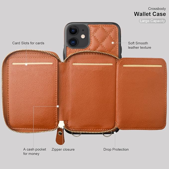 Bocasal Crossbody Wallet Case for iPhone 11, RFID Blocking PU Leather Zipper Handbag Purse Flip Cover, Kickstand Folio Case with Card Slots Holder Wrist Strap Lanyard 6.1 Inch (Brown)