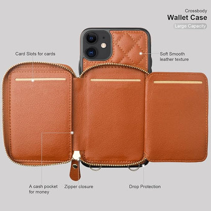 Bocasal Crossbody Wallet Case for iPhone 11, RFID Blocking PU Leather Zipper Handbag Purse Flip Cover, Kickstand Folio Case with Card Slots Holder Wrist Strap Lanyard 6.1 Inch (Brown)