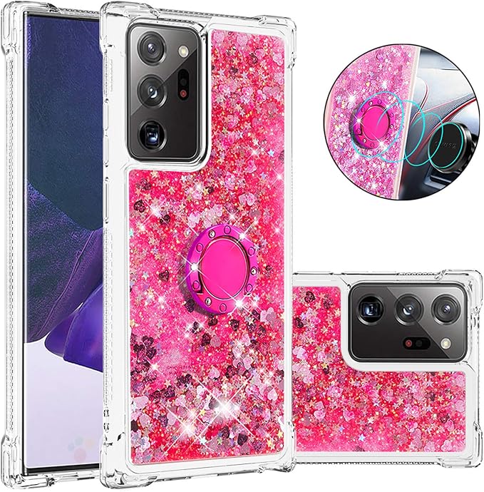 Glitter Phone Case Silicone for Galaxy Note 20 Ultra, Bling Liquid Floating Protective Case with 360°Rotatable Ring Holder Bumper Cover Yellowing-Resistant compatible with Samsung Galaxy Note 20 Ultra