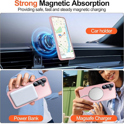 MOZOTER for Samsung Galaxy S25 Case with Magnetic,[Compatible with MagSafe][15Ft Military Dropproof][2*Screen Protector] Translucent Matte Anti-Slip Back Slim Shockproof Case for S25,6.2"(Pink)