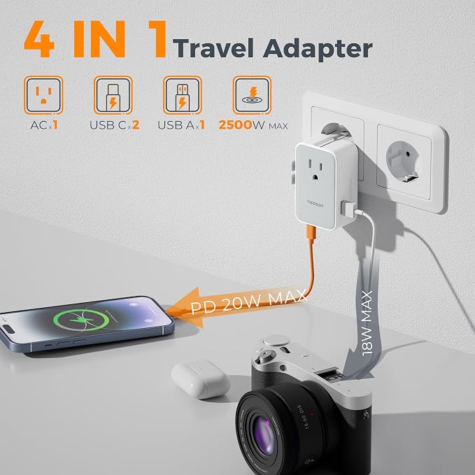 TESSAN Ultra Slim Universal Travel Adapter, International Power Plug | 20W, 2 USB-C 1 USB-A, US to European UK Spain Italy England New Zealand, Type C G A I