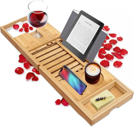 SereneLife Luxury Bamboo Bathtub Caddy Tray - Adjustable Natural Wood Bath Tub Organizer with Wine Holder, Cup Placement, Soap Dish, Book Space & Phone Slot for Spa, Bathroom & Shower - SLBCAD20