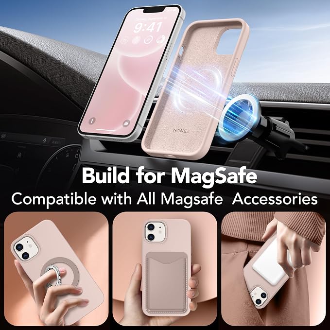 GONEZ Magnetic for iPhone 12 Case / 12 Pro Case, Compatible with MagSafe, [Screen Protector + Camera Lens Protector], Silicone Shockproof Anti-Scratch Protective Phone Case 6.1 inch, Pink