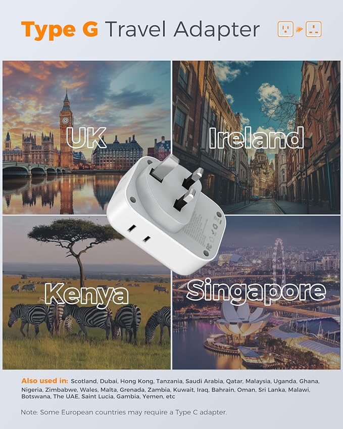 TESSAN UK Adapters for Travel 3 Pack, Type G Plug Adapter | PD 20W, 4 AC Outlets, 3 USB Ports (2 USB C), US to UK Ireland England London Dubai Scotland Hong Kong UAE, For Travel